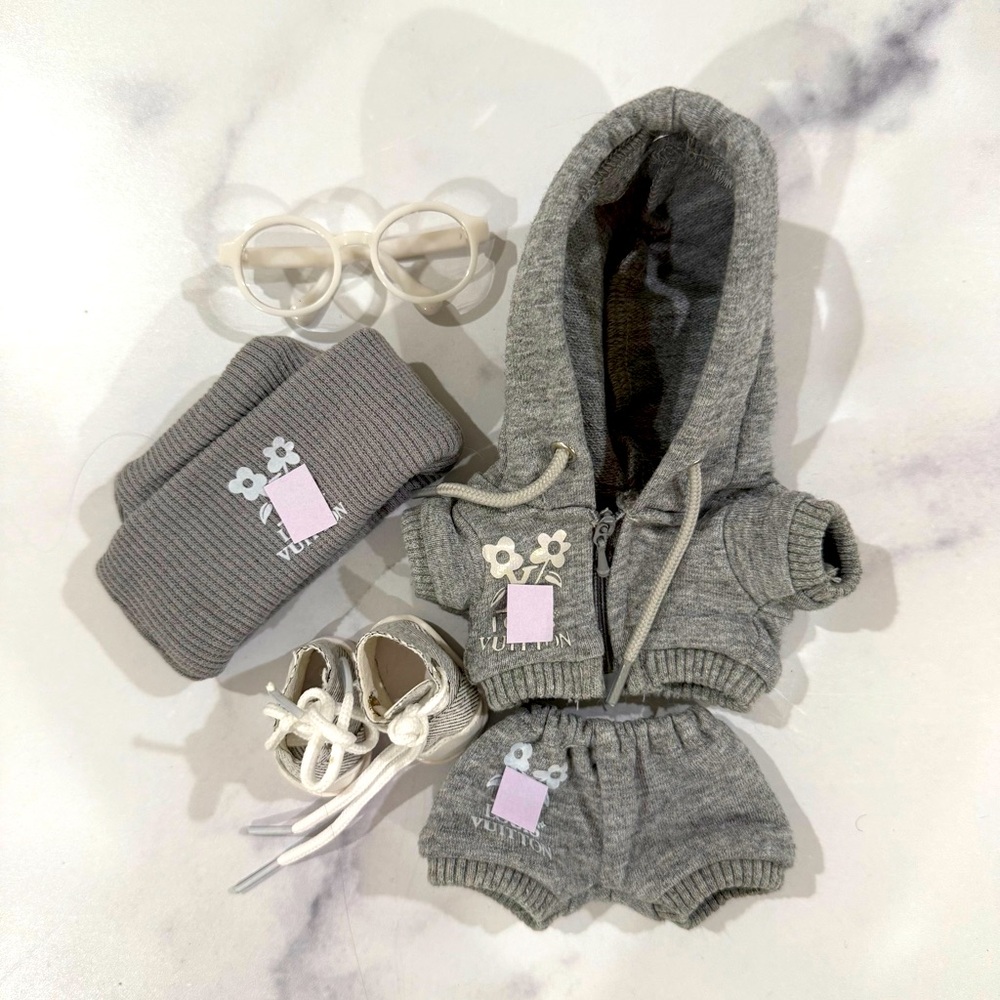 Labubu grey 5 piece outfit. Hat jacket pants shoes sunglasses